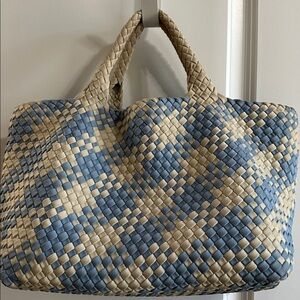 Naghedi Woven Tote in Blue and Cream